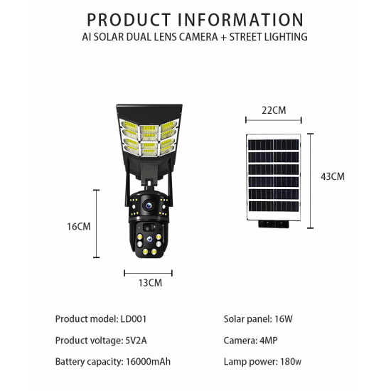 HY-D001-4G-6MP 4G AI Соларна Камера с Двойна Леща и Улично Осветление  ( APP:V380PRO ) 180W