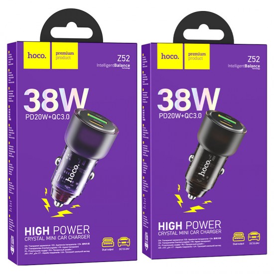HOCO адаптер 12V Z52 с 2 изходa USB QC3.0 и USB-C PD20W - Черен