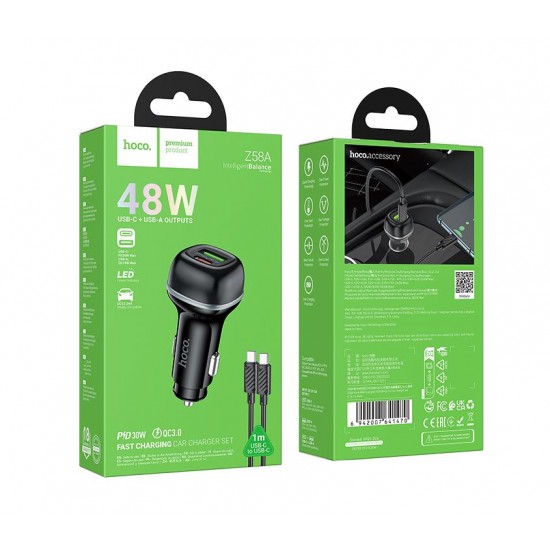 HOCO Z58A Зарядно за кола USB+USB-C PD20W + QC3.0 38W - Type-C към Type-C