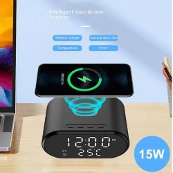 SZ-06 Дигитален LED часовник / Аларма +Безжично Зарядно Будилник - Черен