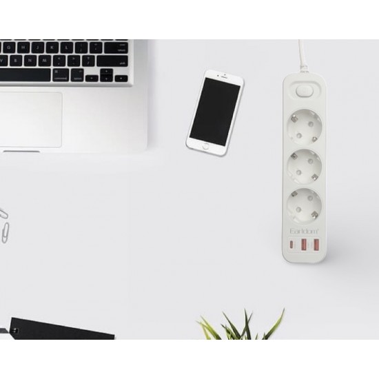 Earldom ES-SC13 Разклонител с 3 Гнезда+2 USB Порта 2.4A+1 USB-C 3000W