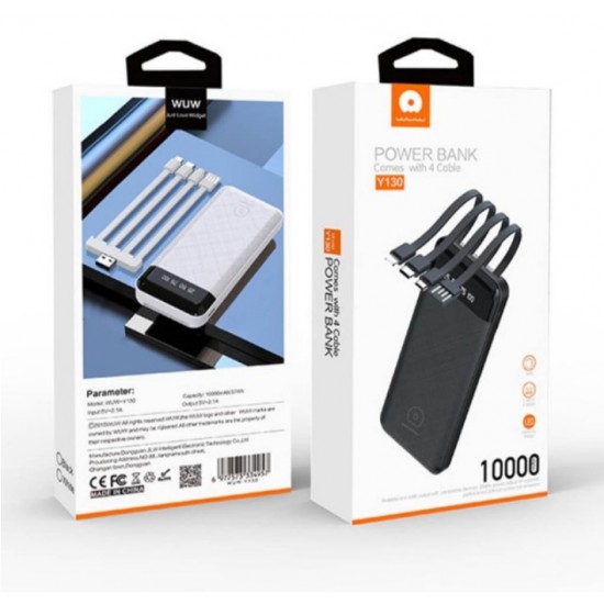 WUW Y130 2A POWER BANK С ВГРАДЕНИ КАБЕЛИ - 10,000 mAh - Черен