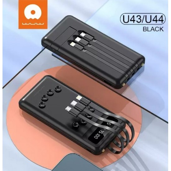 WUW U44 2A POWER BANK С ВГРАДЕНИ КАБЕЛИ - 20,000 mAh - Черен