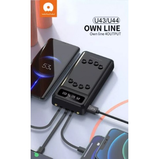 WUW U44 2A POWER BANK С ВГРАДЕНИ КАБЕЛИ - 20,000 mAh - Черен