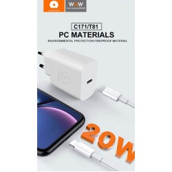 WUW T81 Зарядно с кабел PD20W Type-C към Type-C - Бял