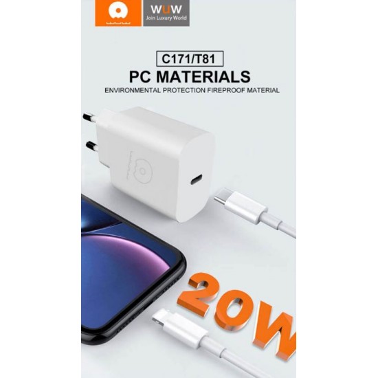 WUW T81 Зарядно с кабел PD20W Type-C към Type-C - Черен