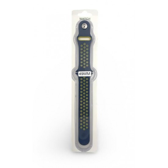Силиконова Apple Watch каишка iWatch 49mm - Тъмно Син  - Жълти дупки