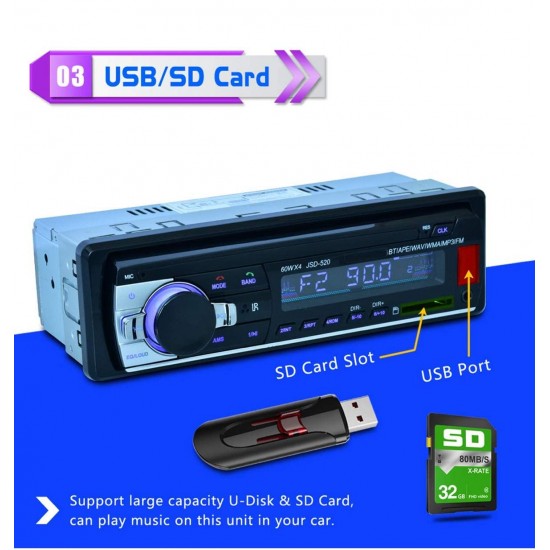 Касетофон за кола JSD-520 240W. със Bluetooth/Радио/Mp3/USB/SD