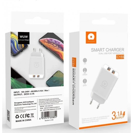WUW C155 Захранващ Двойно USB Адаптер зарядно 3.1A. 