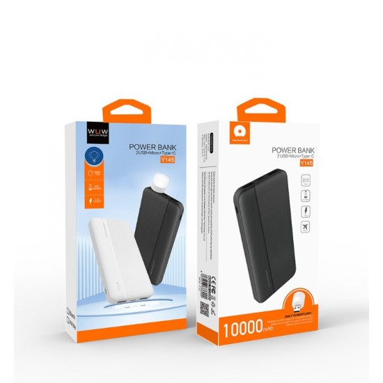 WUW Y145 2.1A Преносимо зарядно+LED 1xUSB-C 2xUSB-A - 10,000 mAh - Черен