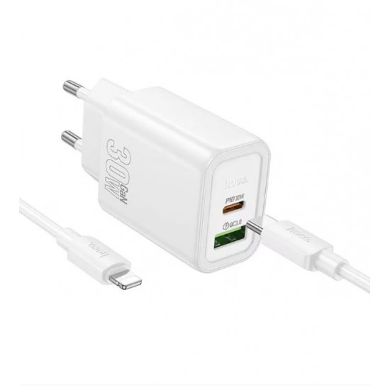 HOCO N63 Зарядно GaN USB USB-C PD30W TYPE-C към Lightning- Бял