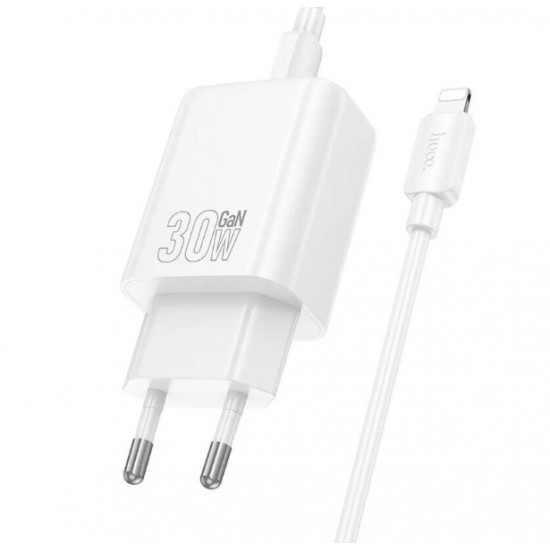 HOCO N63 Зарядно GaN USB USB-C PD30W TYPE-C към Lightning- Бял