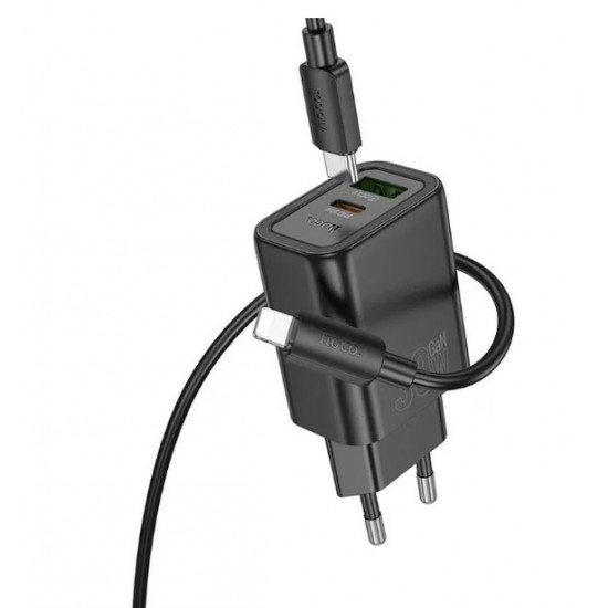 HOCO N63 Зарядно GaN USB USB-C PD30W TYPE-C към Lightning - Черен