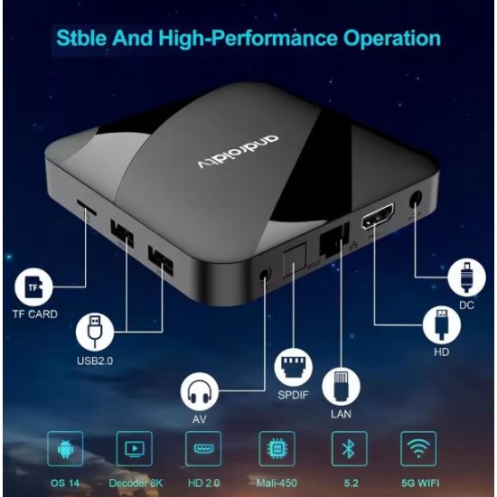 TV98 ATV W2 TV Box 8K HDR ULTRA HD android 14.0 4GB+64GB 2.4/5G Wifi 4 Ядрен процесор Netflix Youtube Media Player