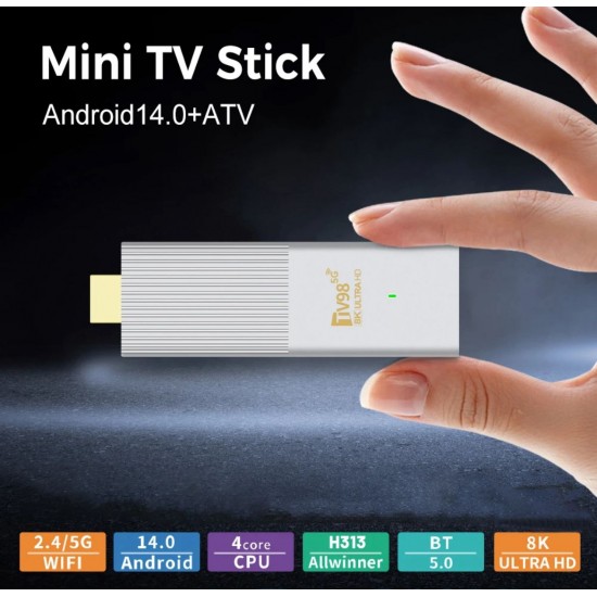 TV98 ATV W2 TV Stick 8K HDR ULTRA HD android 14.0 2GB+8GB 2.4/5G Wifi 4 Ядрен процесор Netflix Youtube Media Player