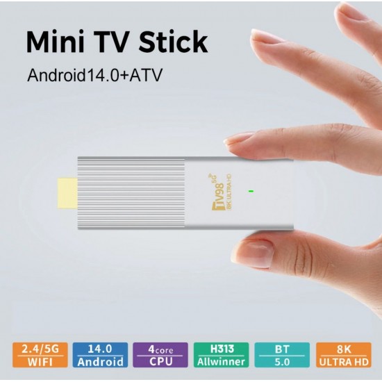 TV98 ATV W2 TV Stick 8K HDR ULTRA HD android 14.0 2GB+8GB 2.4/5G Wifi 4 Ядрен процесор Netflix Youtube Media Player