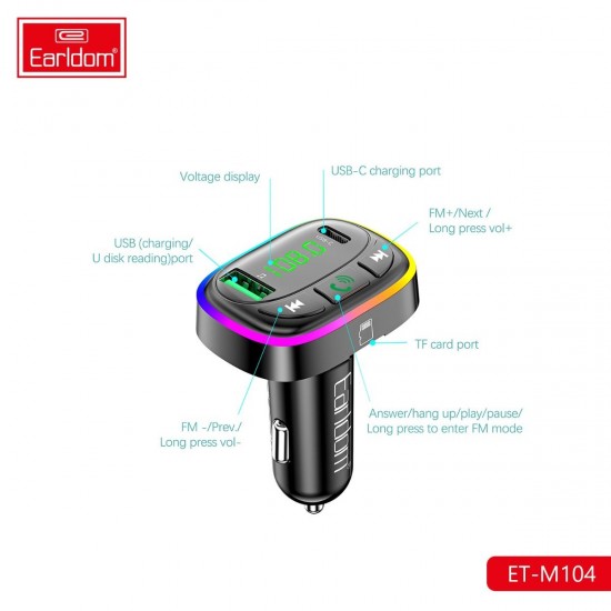 EARLDOM M104 FM модулатор трансмитер (USB изход + 1USB-C, microSD, Bluetooth) Earldom, 3.1A, с подсветка