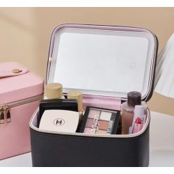 11376-2 Калъф за грим +LED огледало светлина с 3 цветови настройки (Черен) Кутия за козметичен грим, органайзер