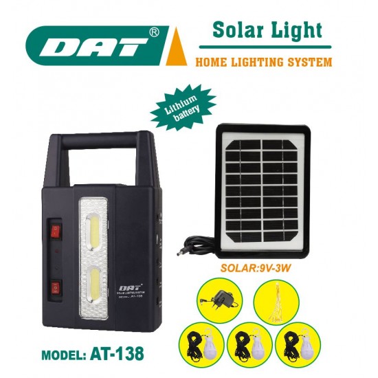 AT-138 DAT Solar light home lighting system комплект от 1 фенер+ 3 лампи 9V 3w панел 4500MaH
