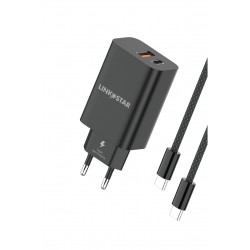 L✮Star 45W 2в1 LS56 2изх. PD(25W)+QC3.0(20W)+кабел USB-C към USB-C - Черен