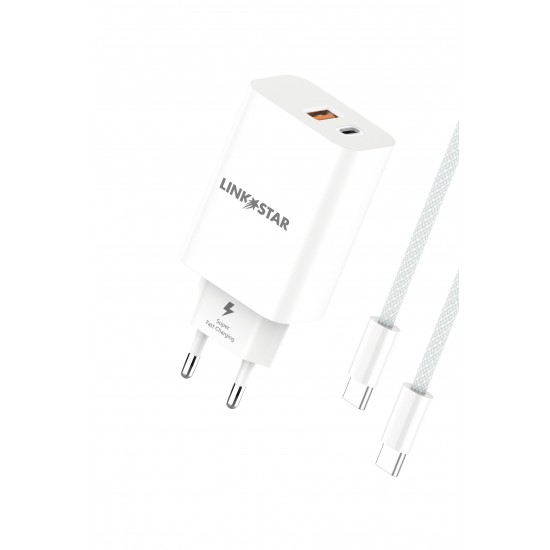 L✮Star 45W 2в1 LS56 2изх. PD(25W)+QC3.0(20W)+кабел USB-C към USB-C - Бял