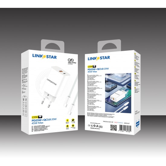 L✮Star 45W 2в1 LS56 2изх. PD(25W)+QC3.0(20W)+кабел USB-C към USB-C - Бял