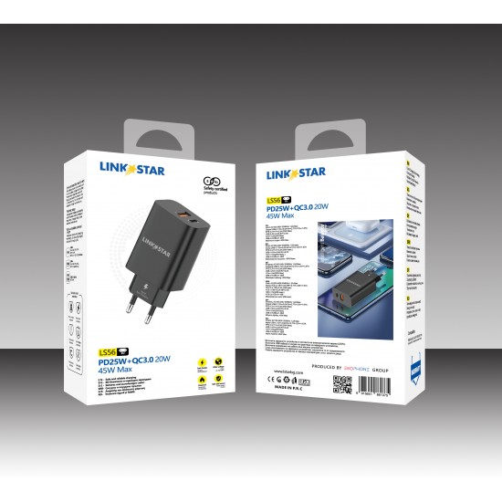 L✮Star LS56 Адаптер 45W 2изх. PD(25W)+QC3.0(20W) SuperFast USB-C - Черен