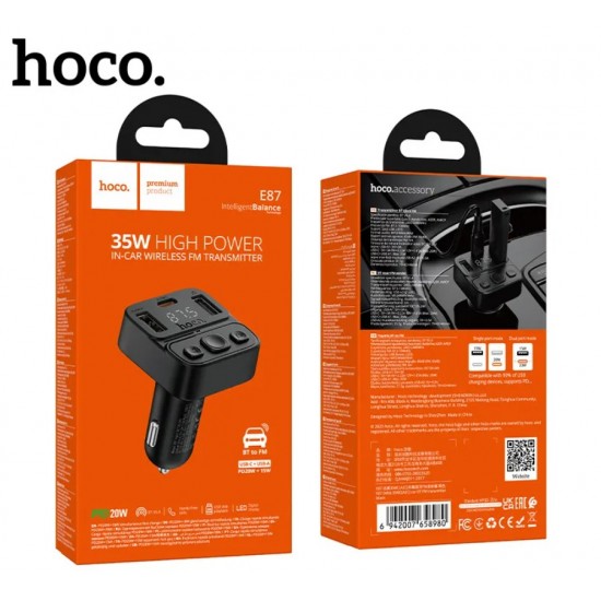 HOCO E87 FM 35W. модулатор трансмитер (2 USB изхода + 1USB-C, microSD, Bluetooth)