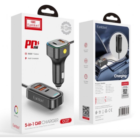 Earldom CC37 – 5-в-1 Автомобилно Зарядно с Удължител за Задни Седалки (PD 30W + QC 3.0)