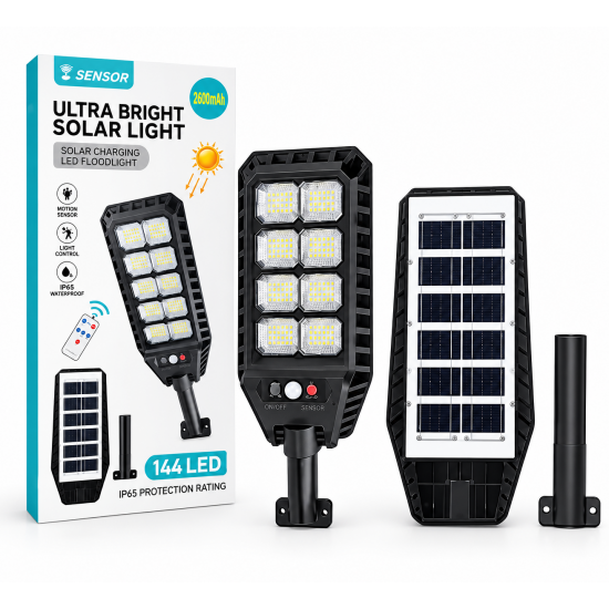 144 LED Лампа за улично осветление със соларен панел и датчик за движение 200W