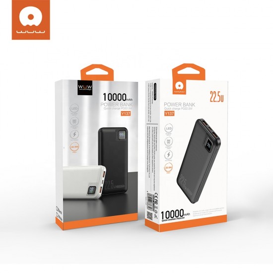 WUW Y137 22.5W POWER BANK 2X USB 1X USB-C OUT/IN - 10,000 mAh - Бял