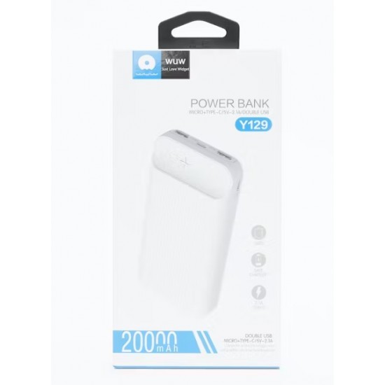 WUW Y129 2.1A POWER BANK Type-C 1 USB 2 - 20,000 mAh - Черен