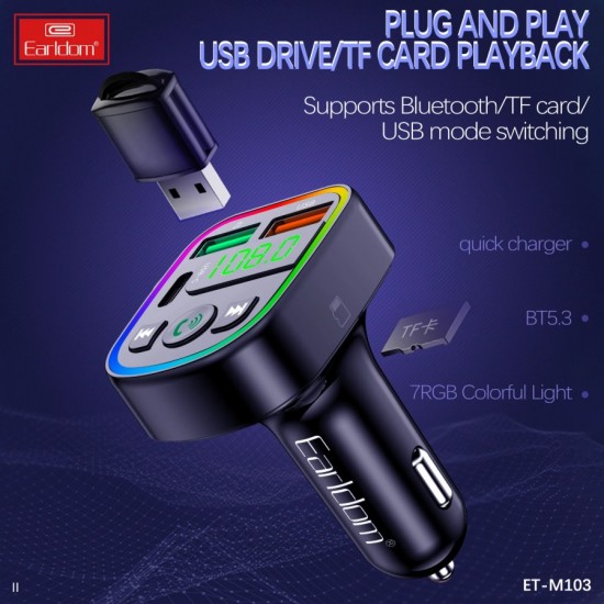 EARLDOM M103 FM 3.1A. модулатор трансмитер (2 USB изхода + 1USB-C, Bluetooth)