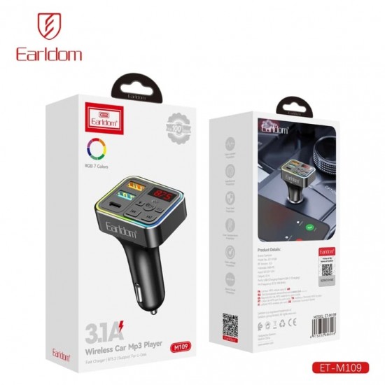 EARLDOM M109 FM 3.1A. модулатор трансмитер (2 USB изхода + 1USB-C, Bluetooth) BT5.3