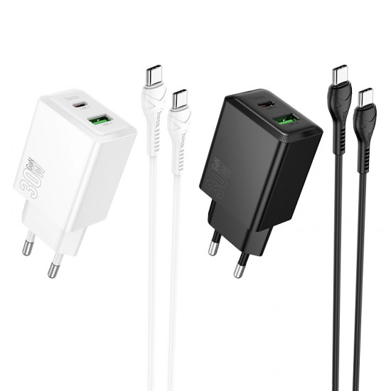 HOCO N71 PD30W + USB QC3.0 зарядно+ кабел Type-C към Type-C - Бял