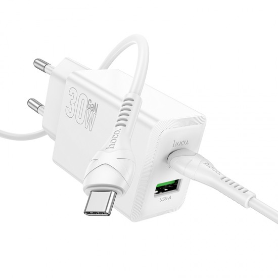 HOCO N71 PD30W + USB QC3.0 зарядно+ кабел Type-C към Type-C - Бял