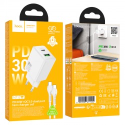 HOCO N71 PD30W + USB QC3.0 зарядно+ кабел Type-C към Type-C - Бял