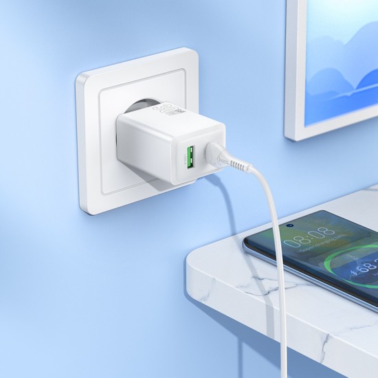 HOCO N71 PD30W + USB QC3.0 зарядно+ кабел Type-C към Type-C - Бял