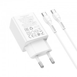 HOCO N71 PD30W + USB QC3.0 зарядно+ кабел Type-C към Type-C - Бял