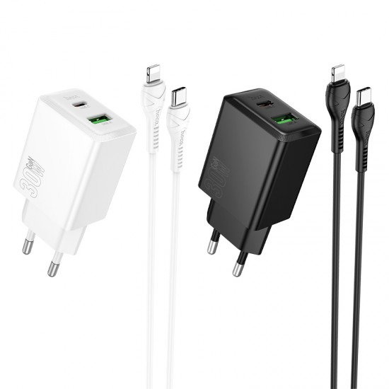 HOCO N71 PD30W + USB QC3.0 зарядно+ кабел Type-C към Lightning - Бял