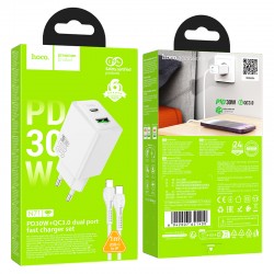 HOCO N71 PD30W + USB QC3.0 зарядно+ кабел Type-C към Lightning - Бял