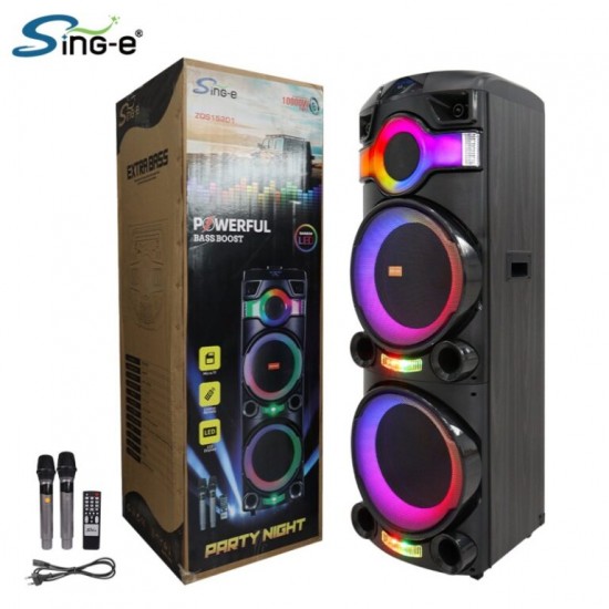 ZQS15201 Мощна Bluetooth Караоке Тонколона Sing-e , 100W, 2 x 15", RGB LED, TWS, FM, USB, TF, 2 Безжични Микрофона