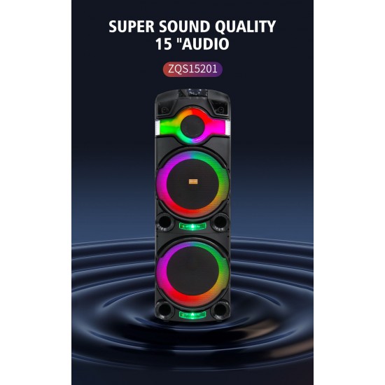 ZQS15201 Мощна Bluetooth Караоке Тонколона Sing-e , 100W, 2 x 15", RGB LED, TWS, FM, USB, TF, 2 Безжични Микрофона