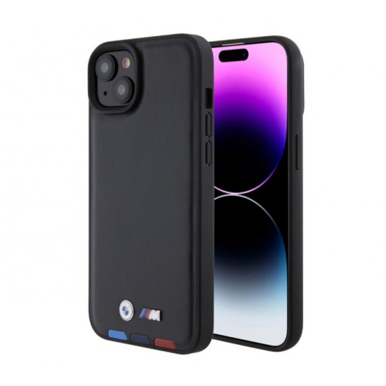 4418 BMW iPhone 15 & 14 Plus естествена кожа заден капак - трицветен печат - черен