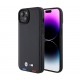 4418 BMW iPhone 15 & 14 Plus естествена кожа заден капак - трицветен печат - черен