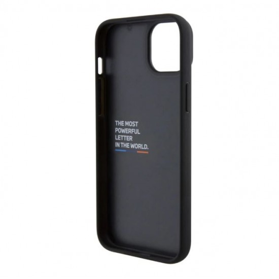 4418 BMW iPhone 15 & 14 Plus естествена кожа заден капак - трицветен печат - черен