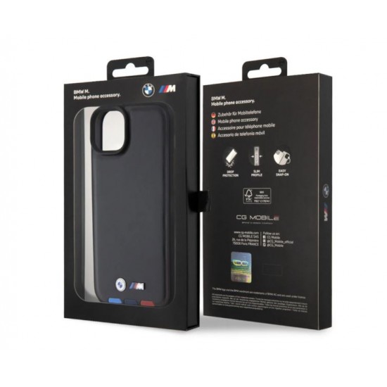 4418 BMW iPhone 15 & 14 Plus естествена кожа заден капак - трицветен печат - черен