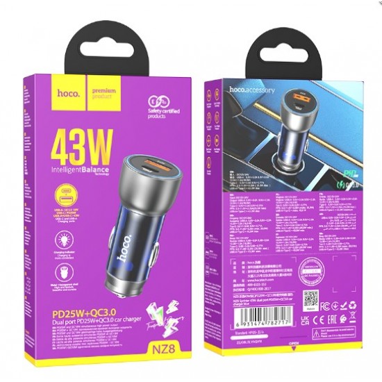 HOCO NZ8 12v. зарядно за кола 43W QC3.0USB+PD25W Dual Port - Черен