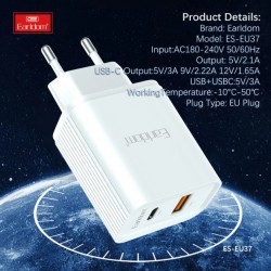 EARLDOM EU37 Зарядно PD-20W+QC 3.0A. с кабел USB към Lightning 1M.