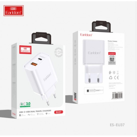 Earldom EU37 Зарядно PD-20W+QC 3.0A. с кабел Type-C към Lightning 1M.